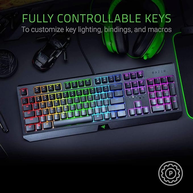 لوحة مفاتيح ألعاب ميكانيكية ريزر بلاك ويدو: مفاتيح ميكانيكية خضراء، إحساس ملموس وصوت طقطقة، إضاءة Chroma RGB، مقاومة للتداخل (Anti-Ghosting)، وإمكانية برمجة الأزرار لوظائف الماكرو. - الصورة 5