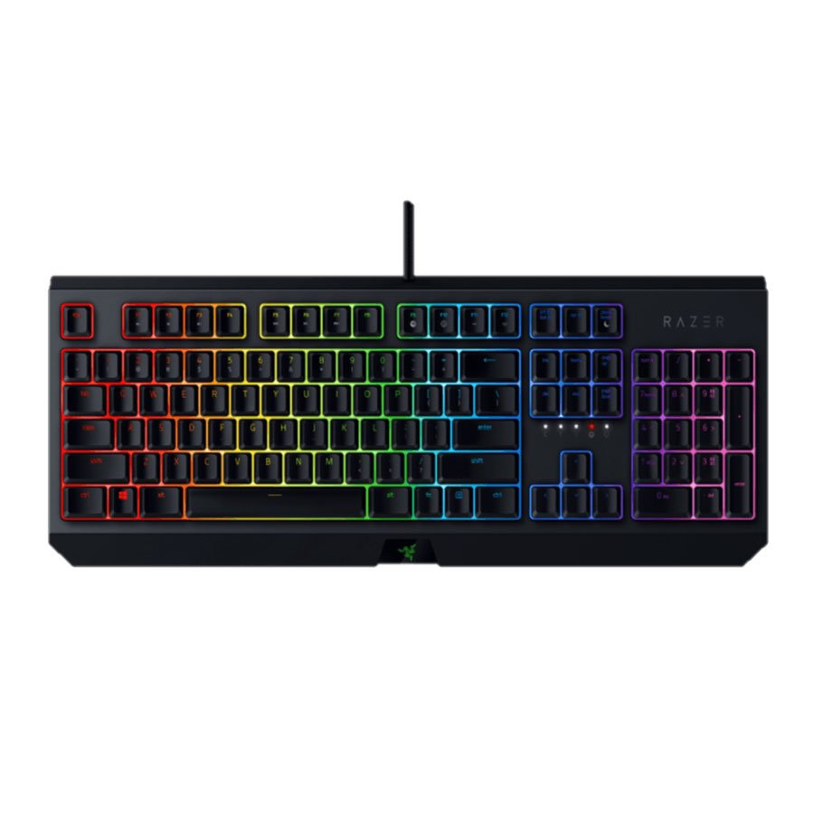 لوحة مفاتيح ألعاب ميكانيكية ريزر بلاك ويدو: مفاتيح ميكانيكية خضراء، إحساس ملموس وصوت طقطقة، إضاءة Chroma RGB، مقاومة للتداخل (Anti-Ghosting)، وإمكانية برمجة الأزرار لوظائف الماكرو.
